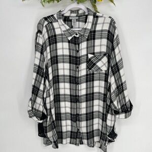 Catherines Plus Size 3X Plaid Button Down Shirt Black White Lace Trim Roll Tab S